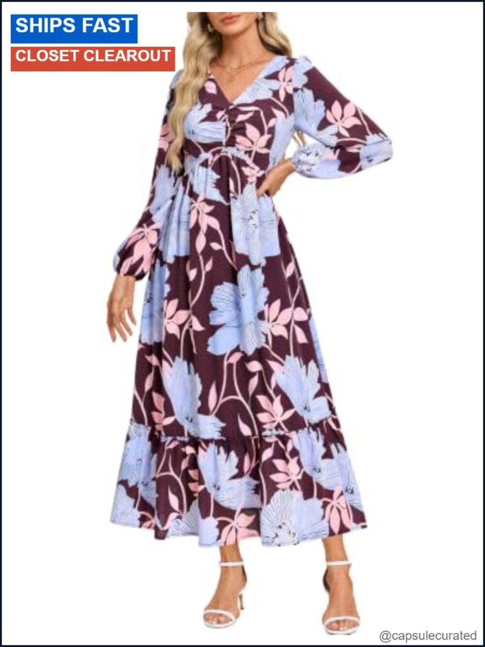 Women's Long Sleeve Floral Maxi Dress V-Neck Smocked A-Line Wedding Guest